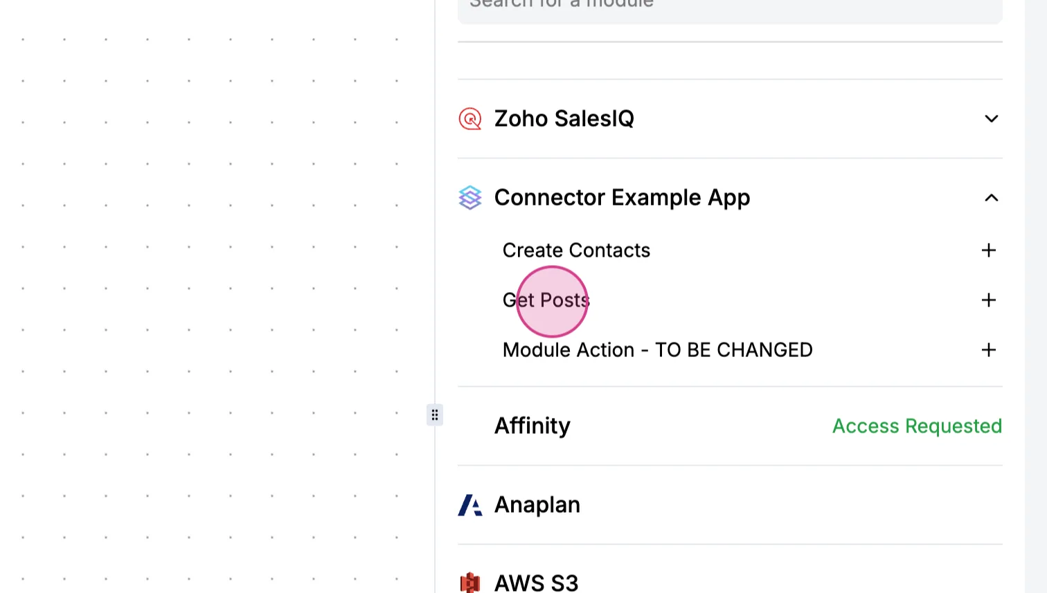Expanded "Connector Example App" listing Create Contacts, "Get Posts" and Module Action, with Get Posts clicked