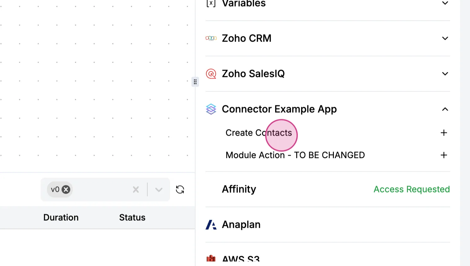 Expanded "Connector Example App" showing "Create Contacts" and "Module Action - TO BE CHANGED" modules, with Create Contacts clicked