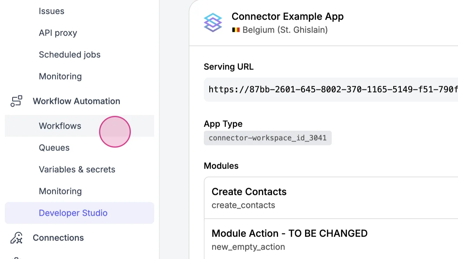 Connector Example App details with serving URL and modules, while "Workflows" is clicked under Workflow Automation in the sidebar