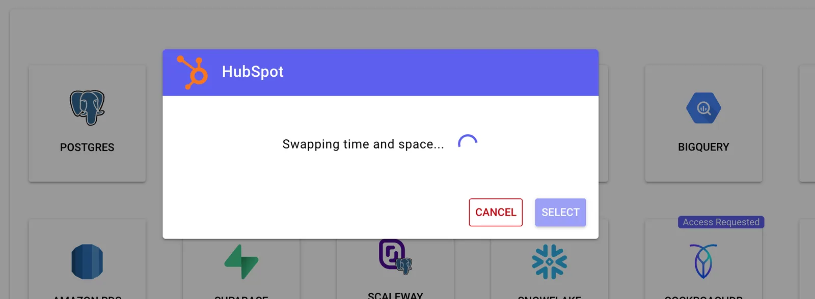 Stacksync connector dialog stuck on a loading spinner with "Swapping time and space..." and "Cancel" and "Select" buttons.