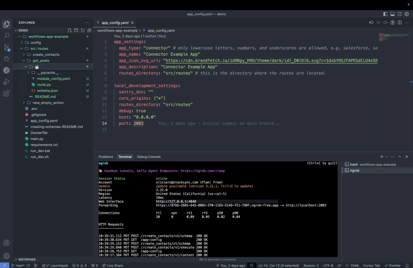 Code editor showing app_config.yaml and a new get_posts folder under src/routes, with an ngrok session forwarding to localhost:2003