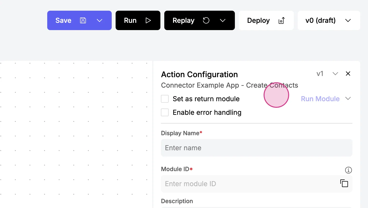 "Action Configuration" panel for "Connector Example App - Create Contacts" with Display Name and Module ID fields loaded from the connector