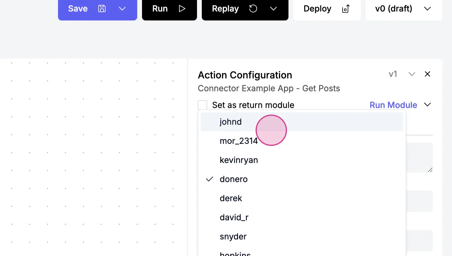 Action Configuration for "Connector Example App - Get Posts" with the User dropdown listing live usernames like johnd, mor_2314 and kevinryan.