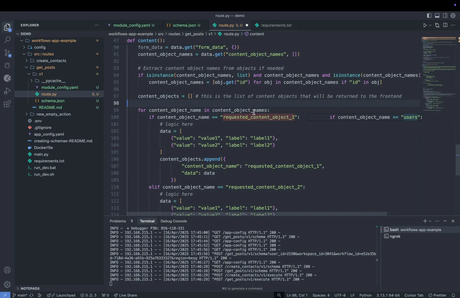 VS Code editor showing route.py content function reading "form_data" and "content_object_names", with a check for "users" being typed.