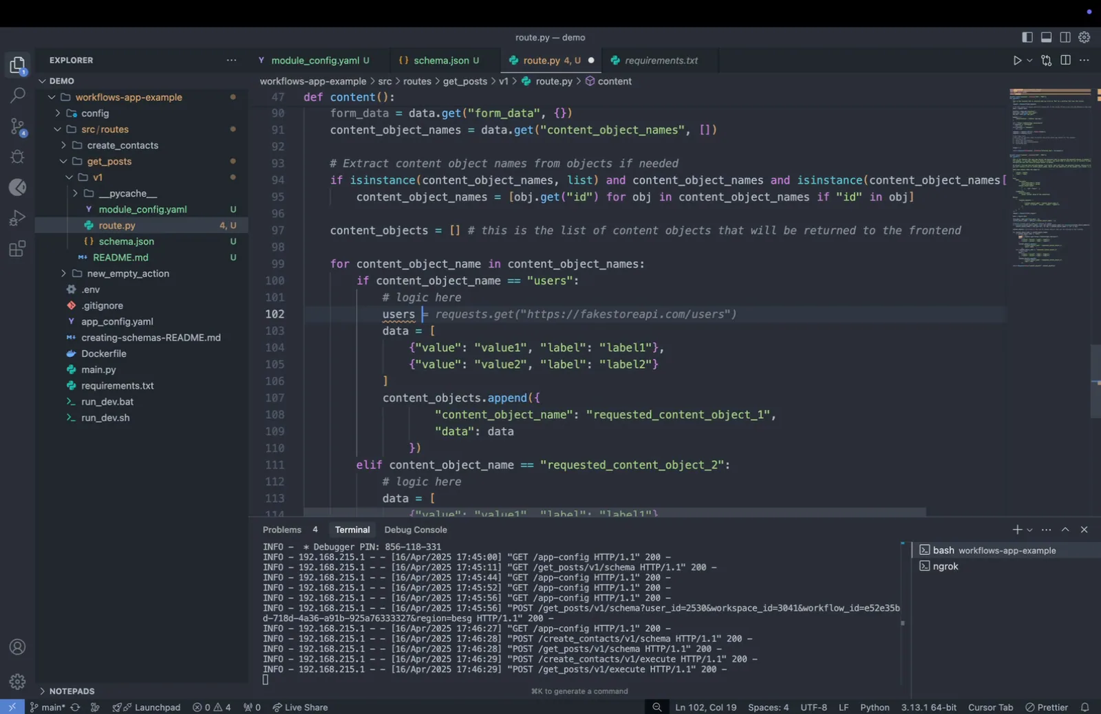 route.py in VS Code with a "users" content object branch adding a requests.get call to https://fakestoreapi.com/users.