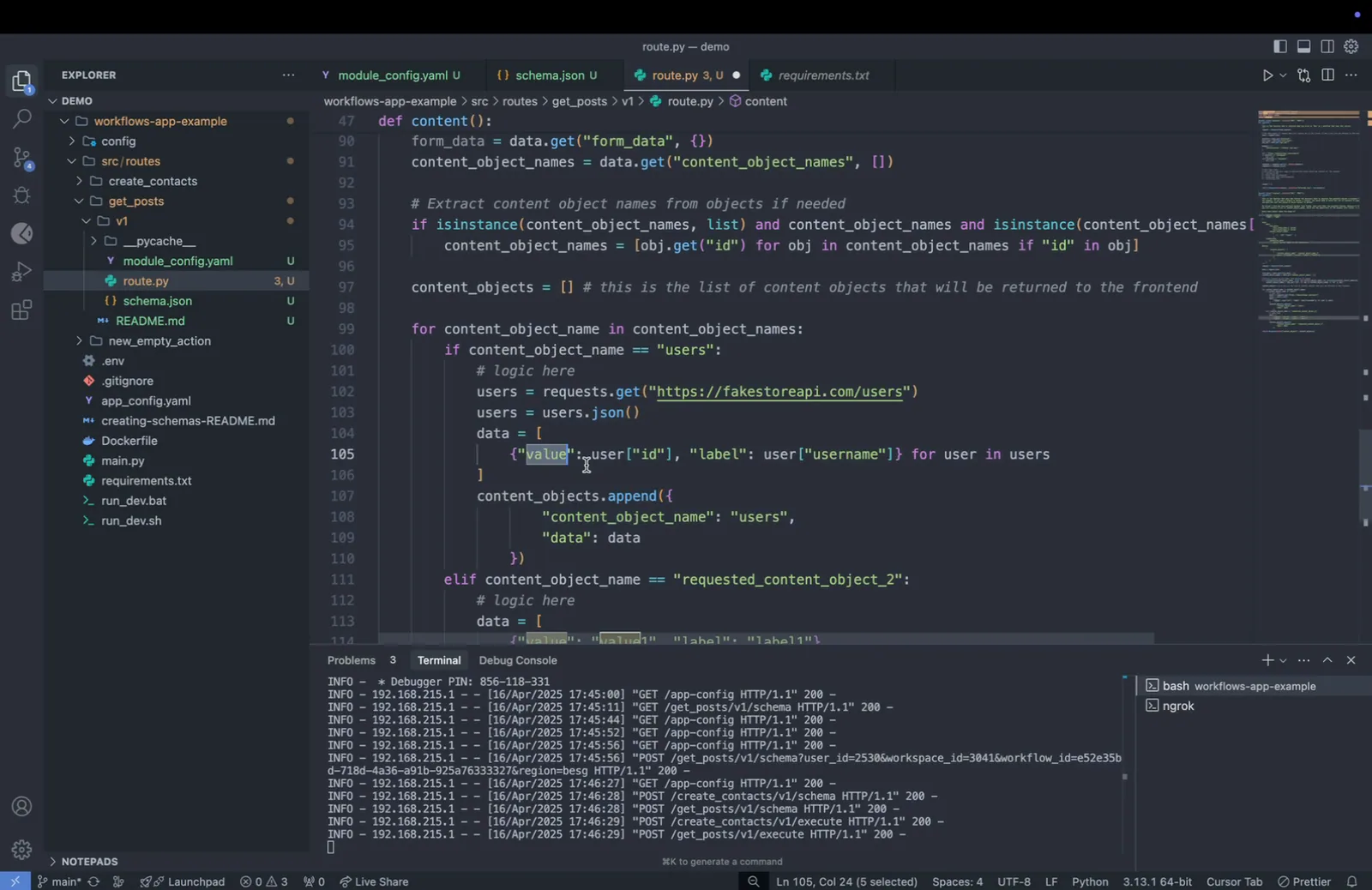 route.py mapping fetched users to value/label pairs (user id and username) and appending them under content_object_name "users".