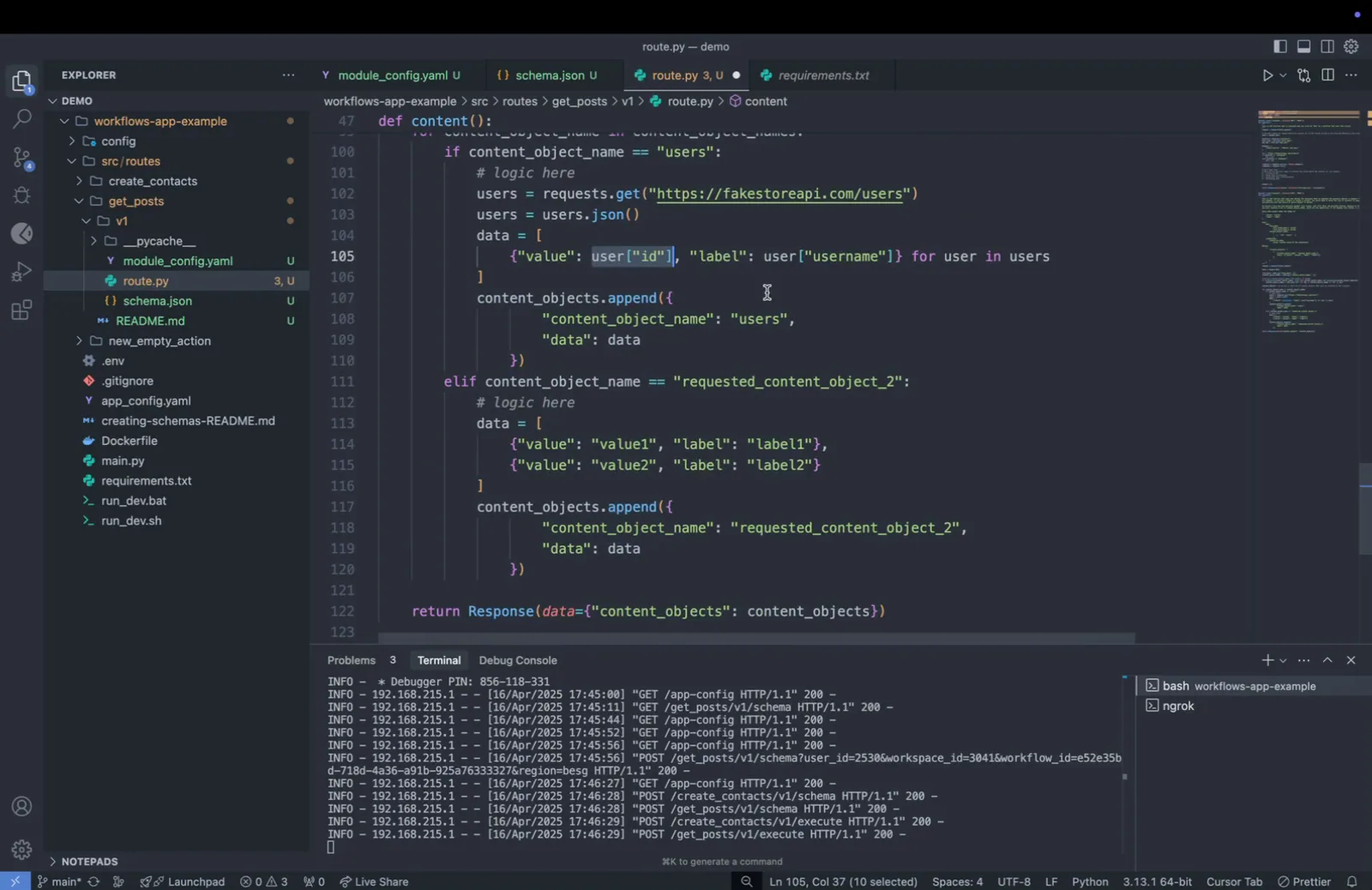 Completed route.py content function formatting users data and returning Response with "content_objects" for dynamic dropdowns.