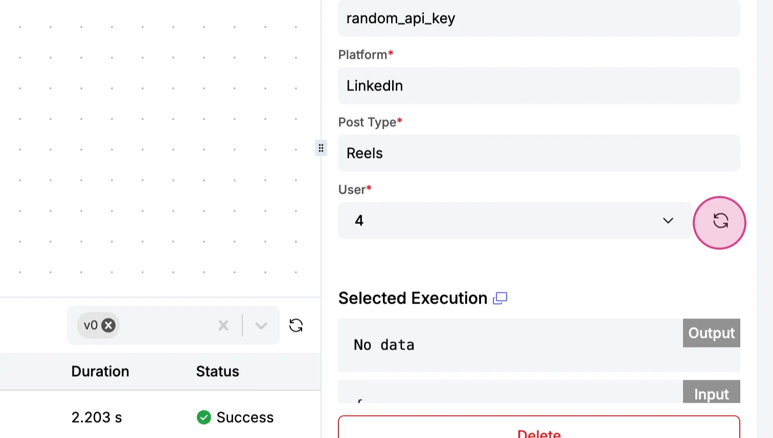 Custom connector module form with API Key, Platform, Post Type and User fields, with the refresh button next to the User dropdown highlighted.