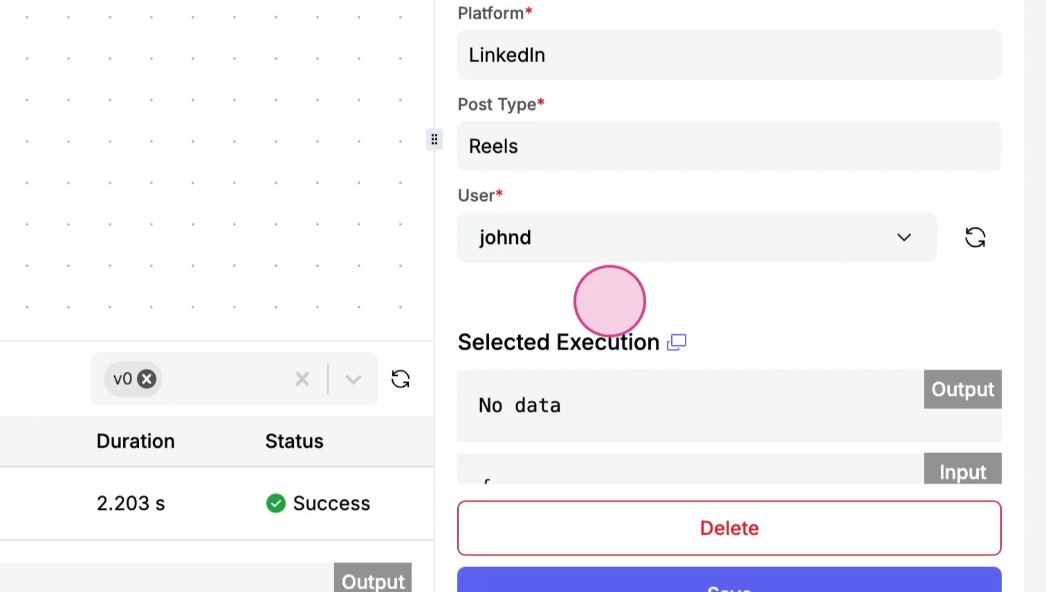 Custom connector module form with the User dropdown now set to "johnd" after picking an option from the dynamic choices.