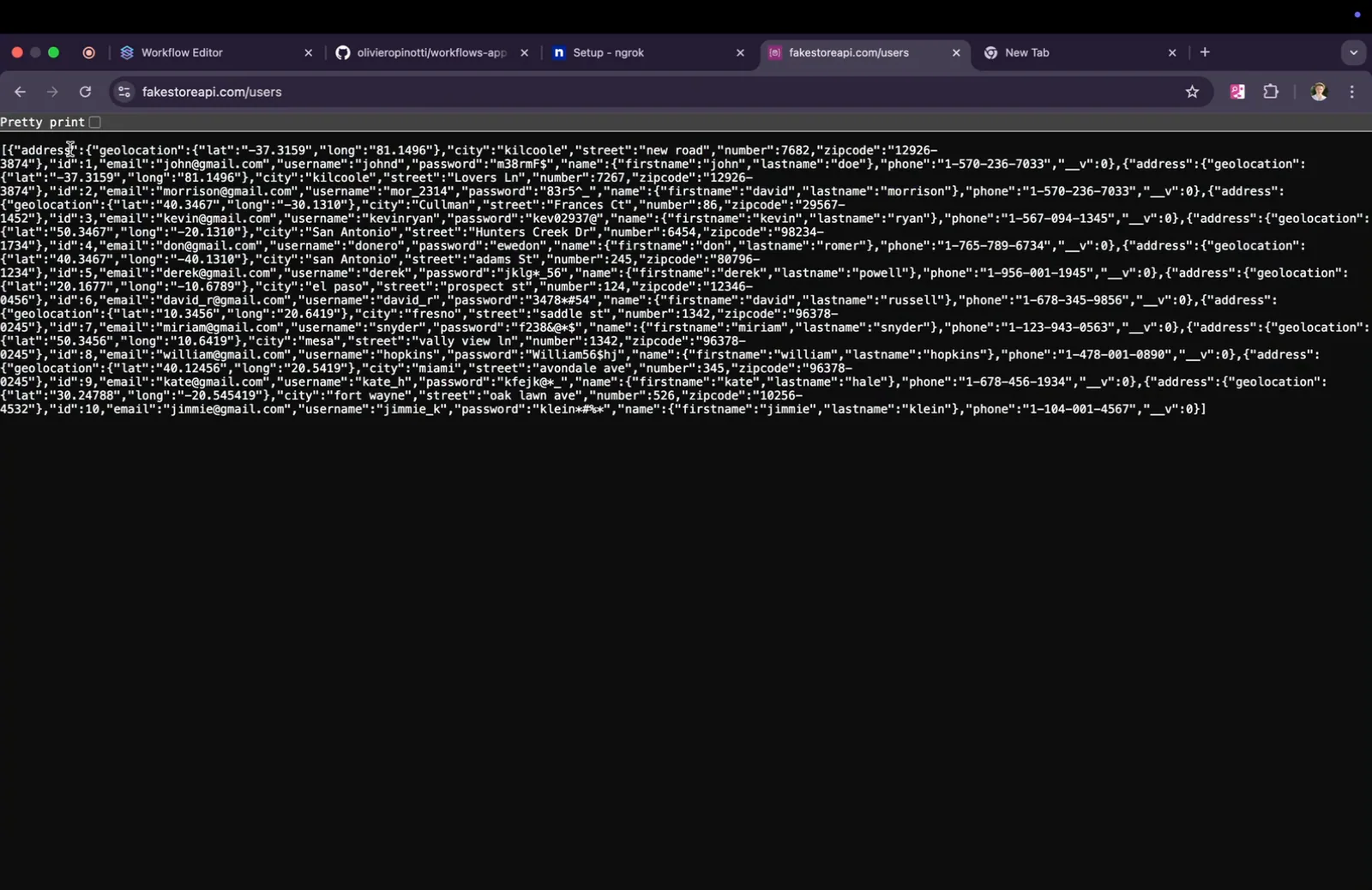 Browser showing the raw JSON response from fakestoreapi.com/users, with user records containing id, email, username and name fields.