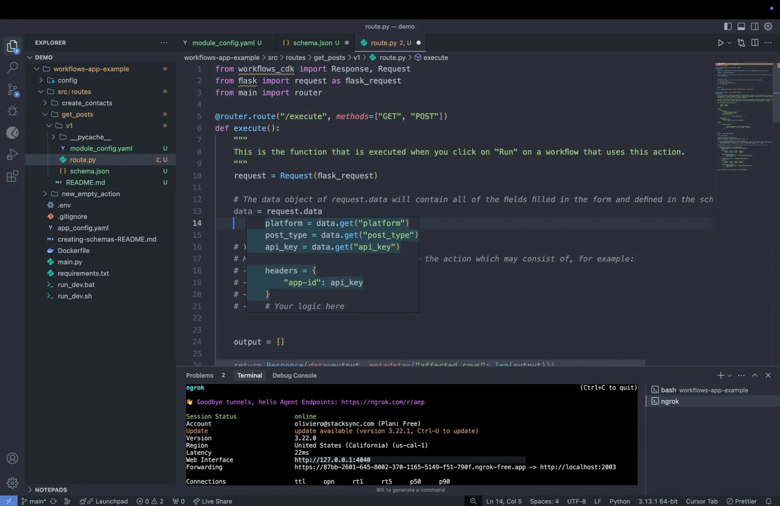 route.py for get_posts with the /execute route reading platform, post_type and api_key from request.data and building headers