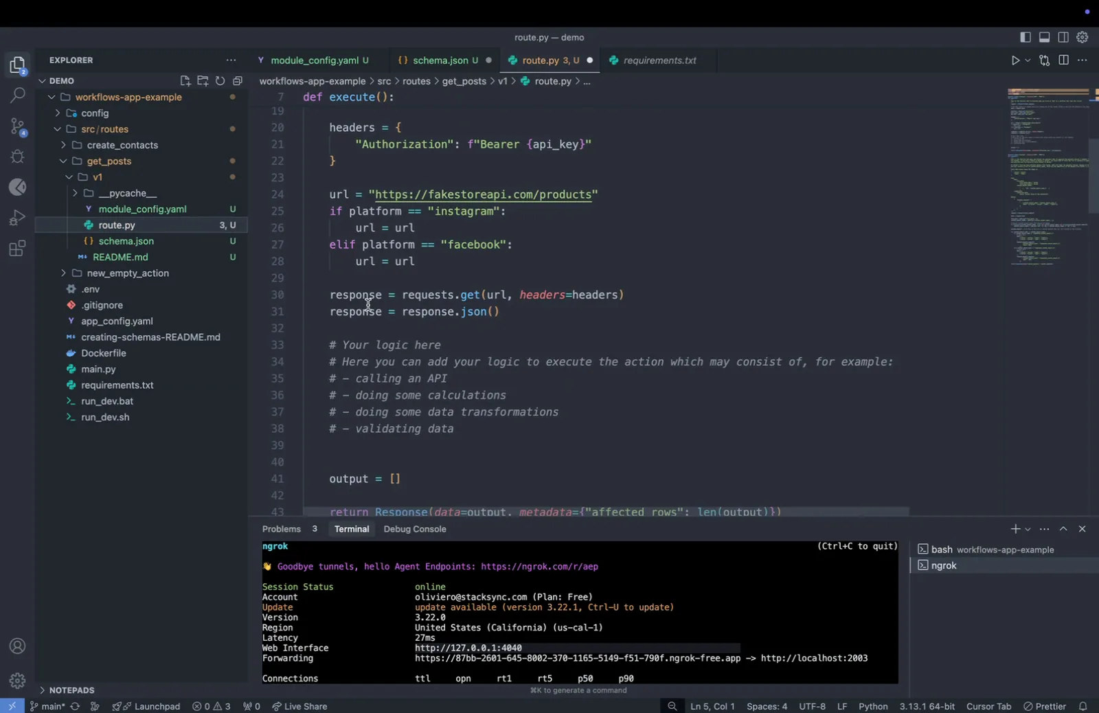 route.py with response = requests.get(url, headers=headers) followed by response.json() to extract the JSON response