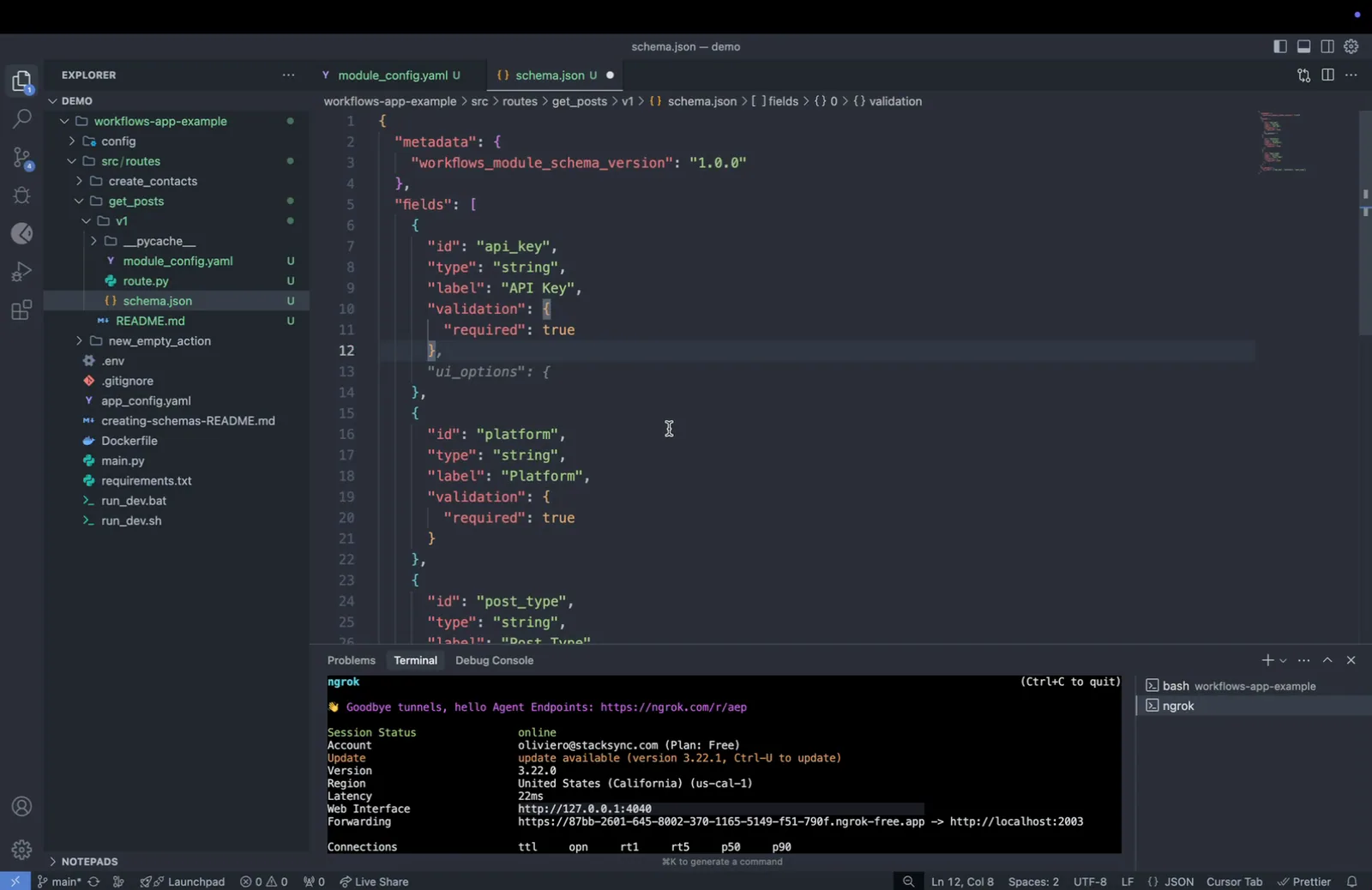 get_posts schema.json defining required fields "api_key" (API Key), "platform" (Platform) and "post_type"