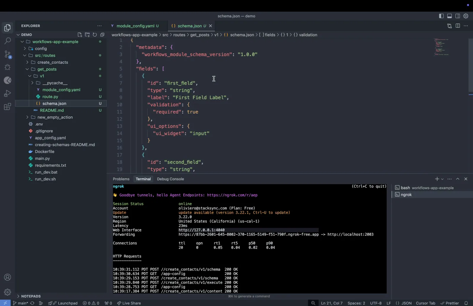 Default get_posts schema.json with metadata schema version 1.0.0 and a required string field "first_field" labeled "First Field Label"