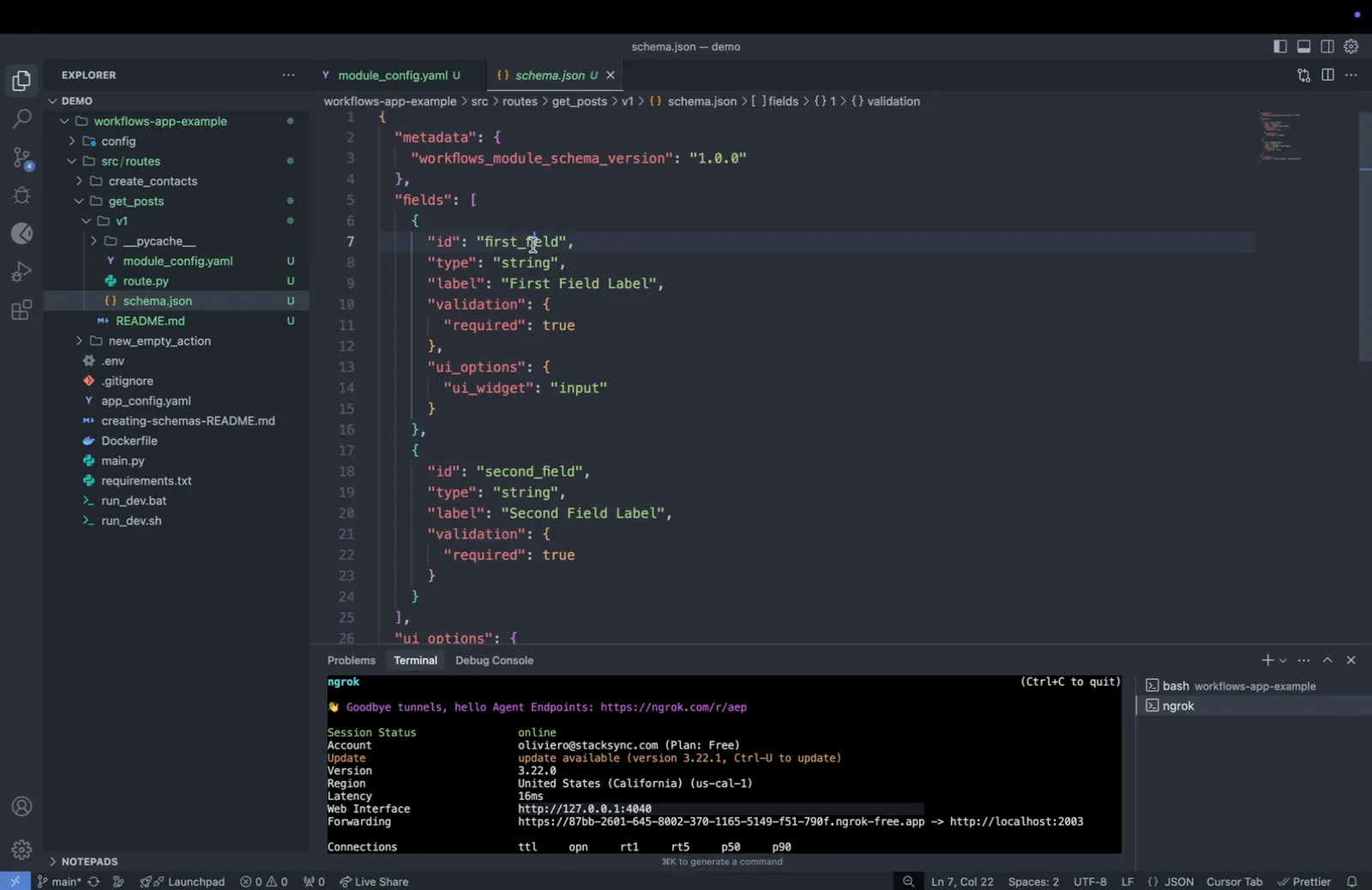 get_posts schema.json with the cursor on the "first_field" id, ready to replace the template fields with custom ones