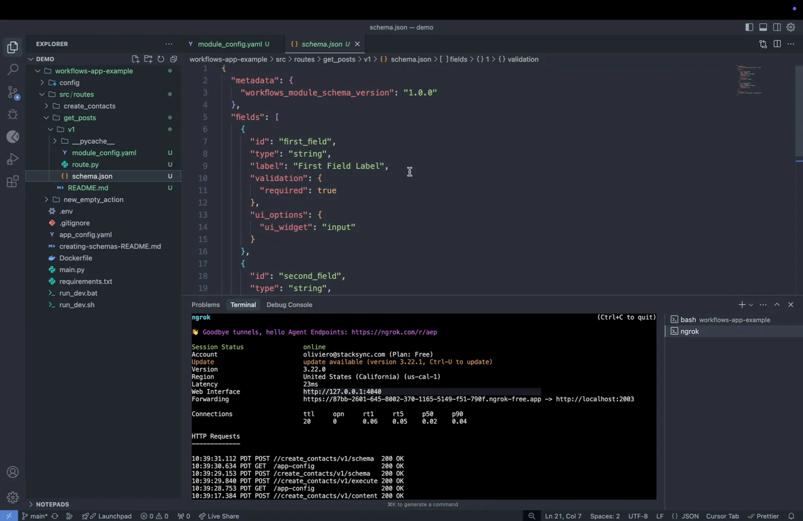schema.json for the get_posts module showing template fields "first_field" and "second_field" with validation and ui_options