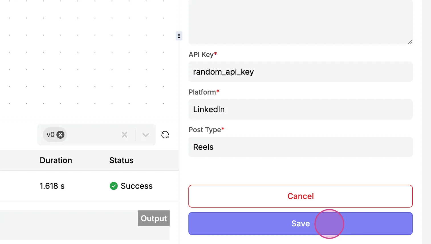 Get Posts action filled with API Key "random_api_key", Platform "LinkedIn" and Post Type "Reels", with "Save" clicked