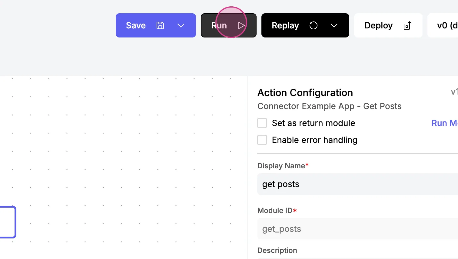 Workflow editor with "Run" clicked while the "Connector Example App - Get Posts" action is configured with display name "get posts"