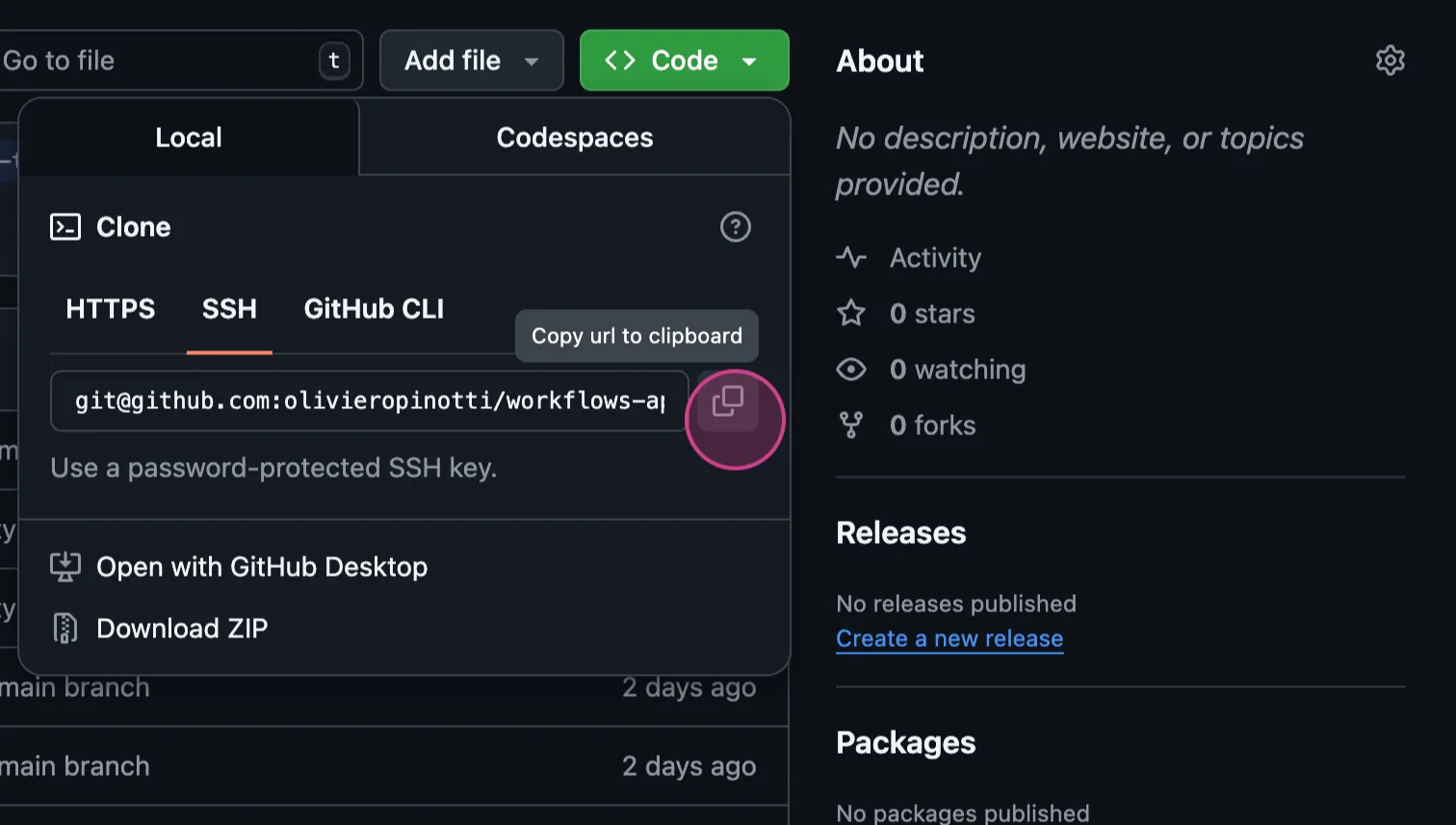 GitHub "Code" dropdown on the SSH tab with the "Copy url to clipboard" button highlighted next to the git@github.com clone URL