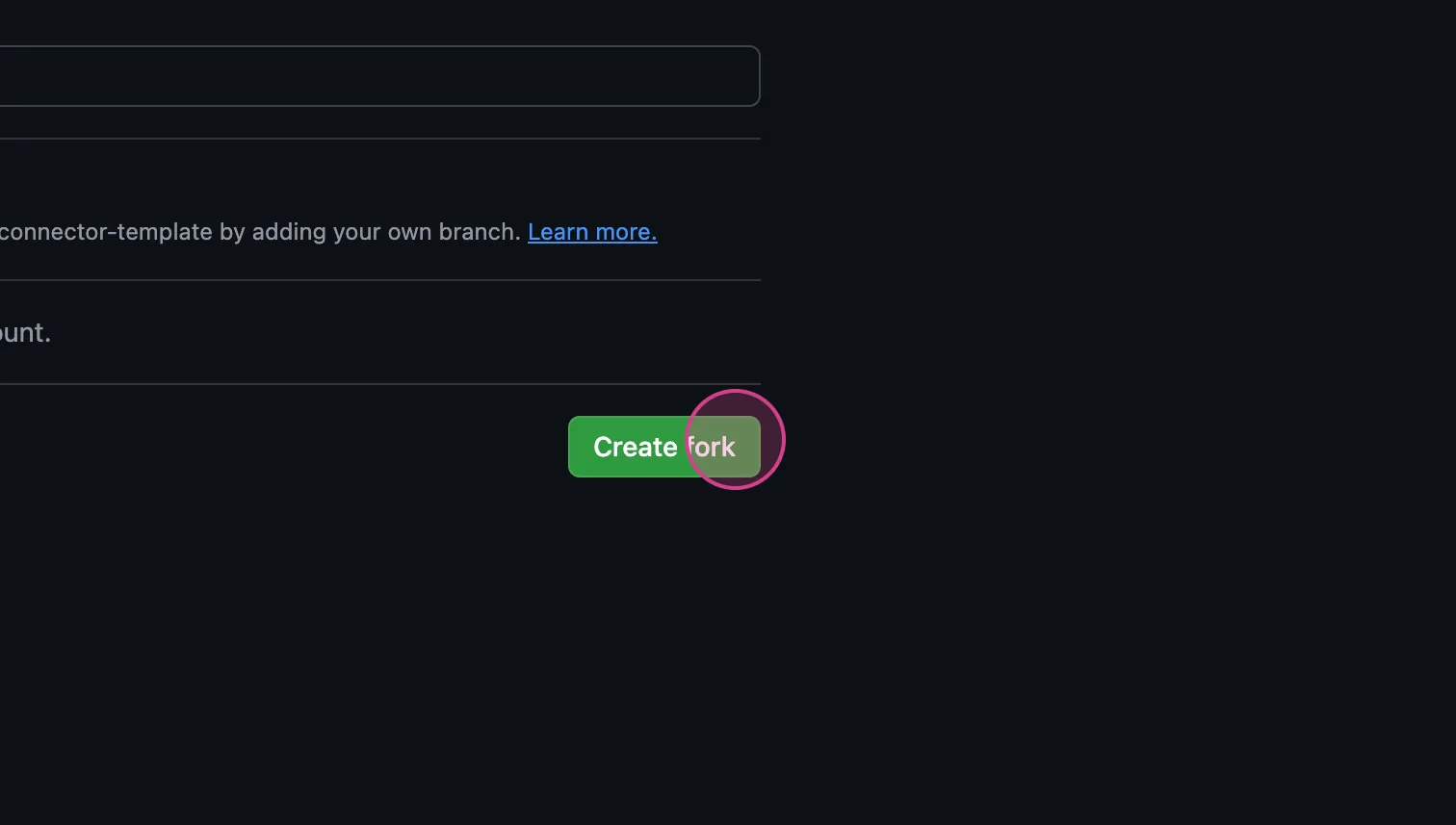 GitHub fork form with the green "Create fork" button highlighted to create the connector repository