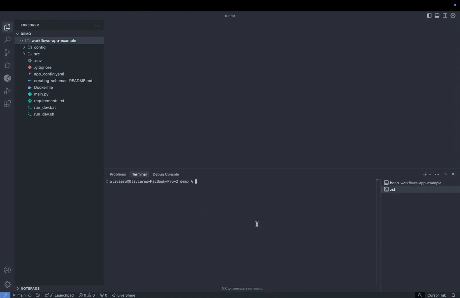 Code editor with the connector project open and a new empty zsh terminal opened alongside the running bash dev server terminal