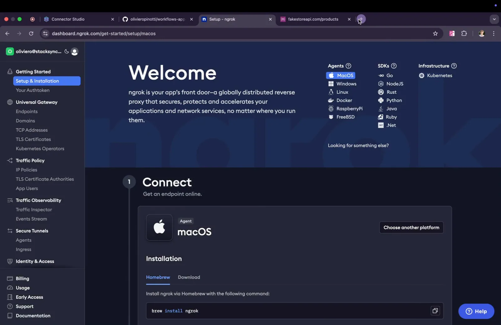 ngrok dashboard Setup & Installation page in the browser with the new tab button being clicked