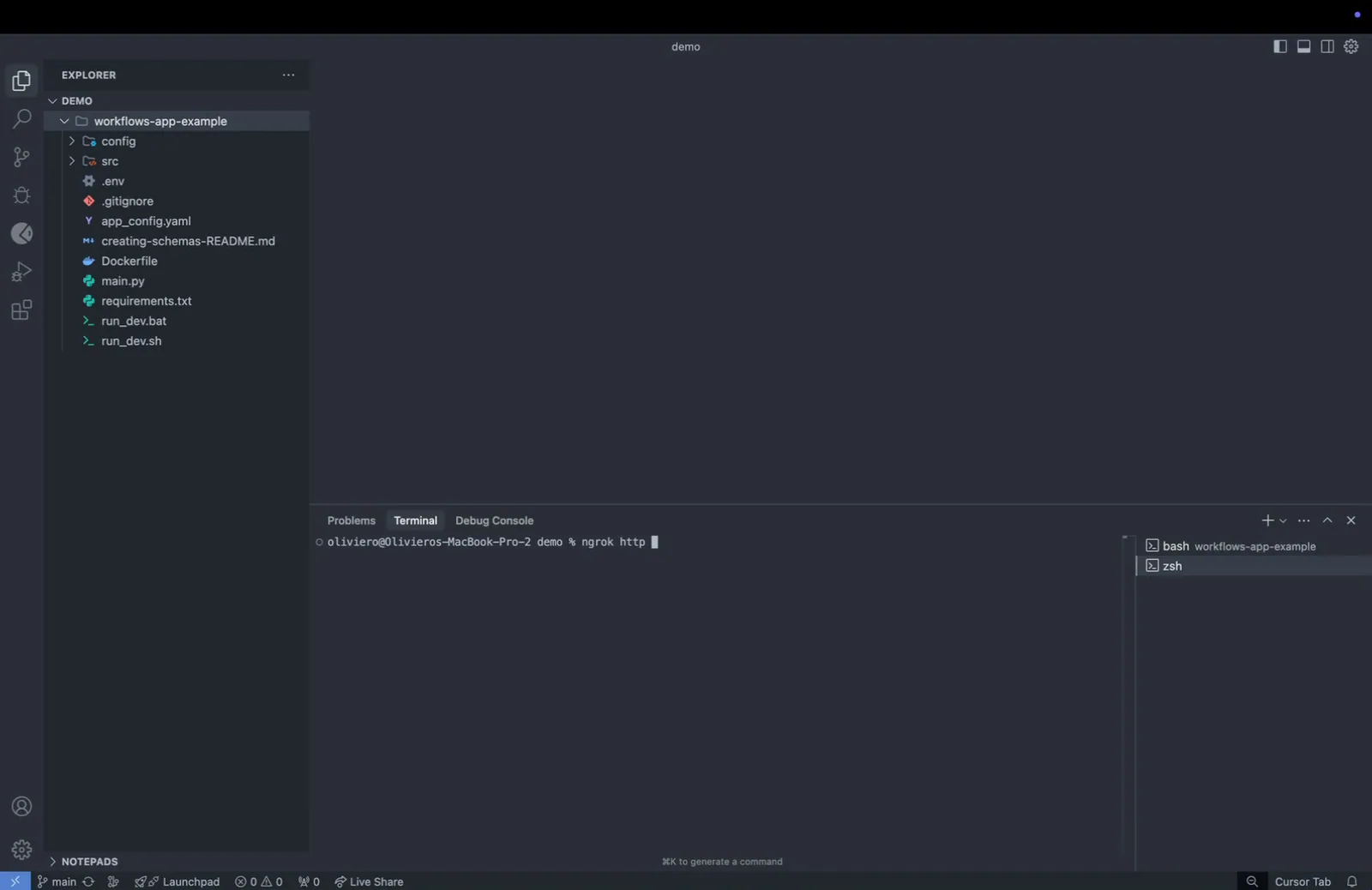 Code editor terminal with the "ngrok http" command being typed to expose the local connector server