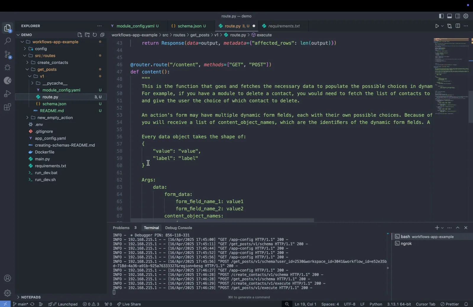 route.py /content endpoint docstring explaining dynamic choices, value/label data objects and the form_data and content_object_names args