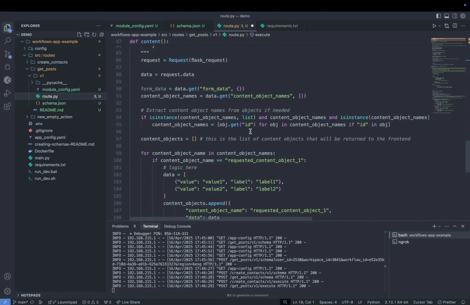 route.py content() reading form_data and content_object_names, then looping to build content_objects with value/label data