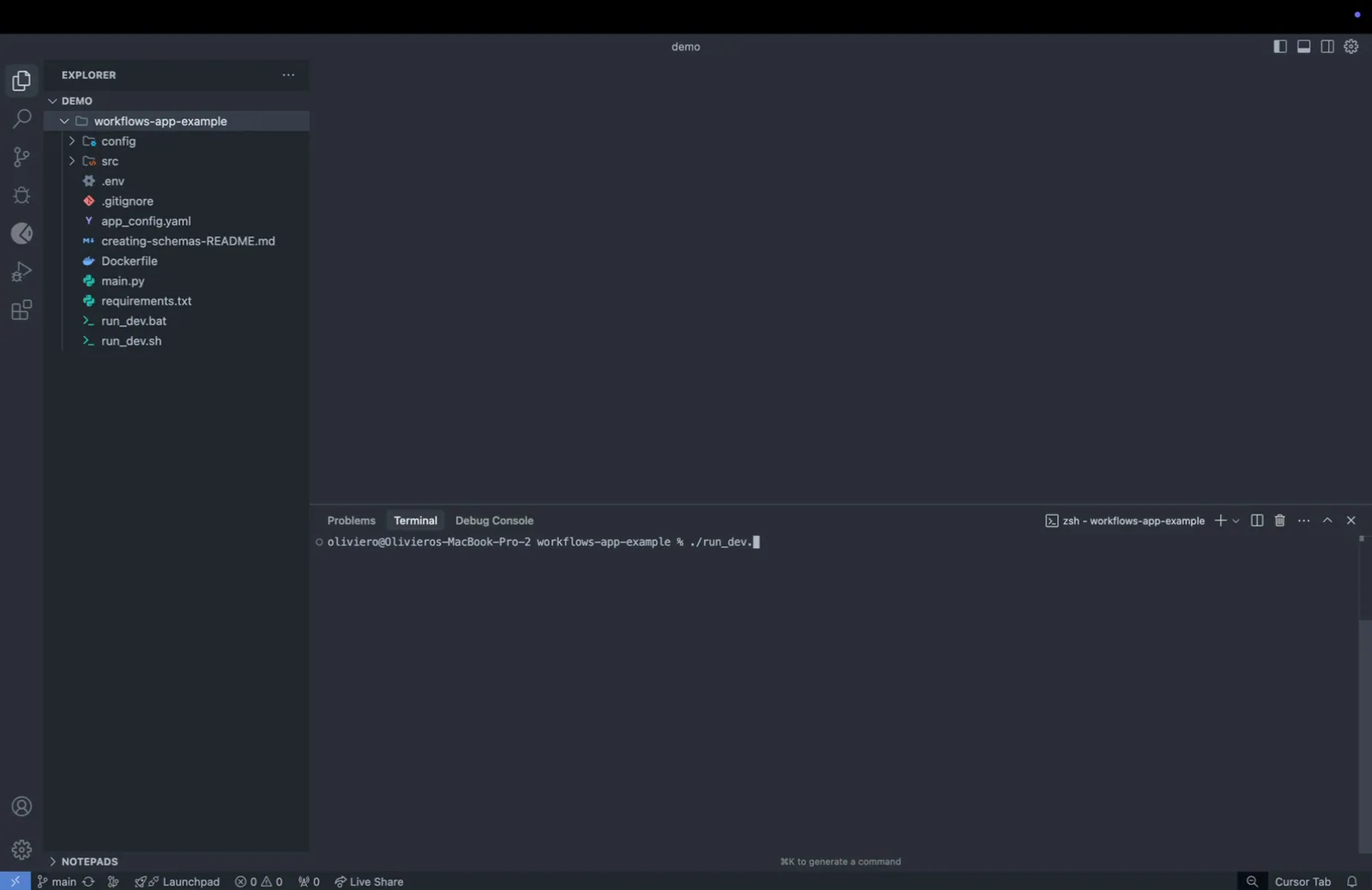 Code editor showing the workflows-app-example project files and a terminal with ./run_dev.sh being typed to start the dev environment