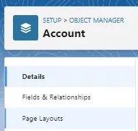 Salesforce Account object menu with "Details", "Fields & Relationships" and "Page Layouts" options.