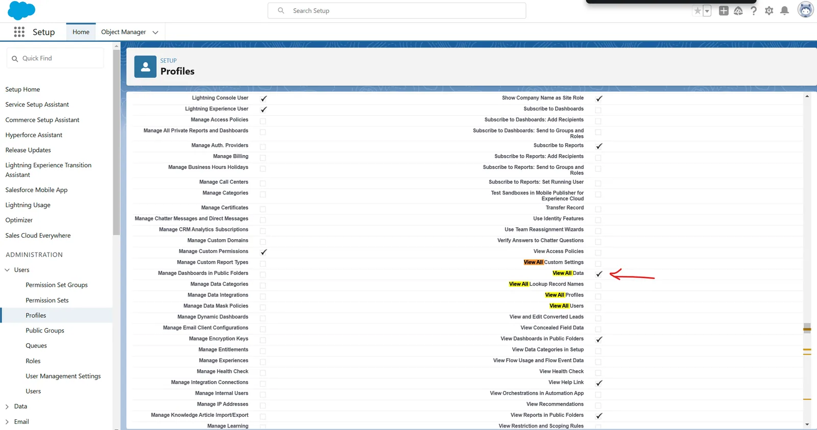 Salesforce profile Administrative Permissions with an arrow pointing to the checked "View All Data" permission.