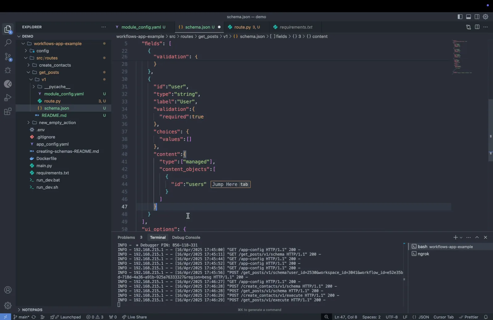 schema.json "user" field content configuration with type "managed" and a content object with id "users"