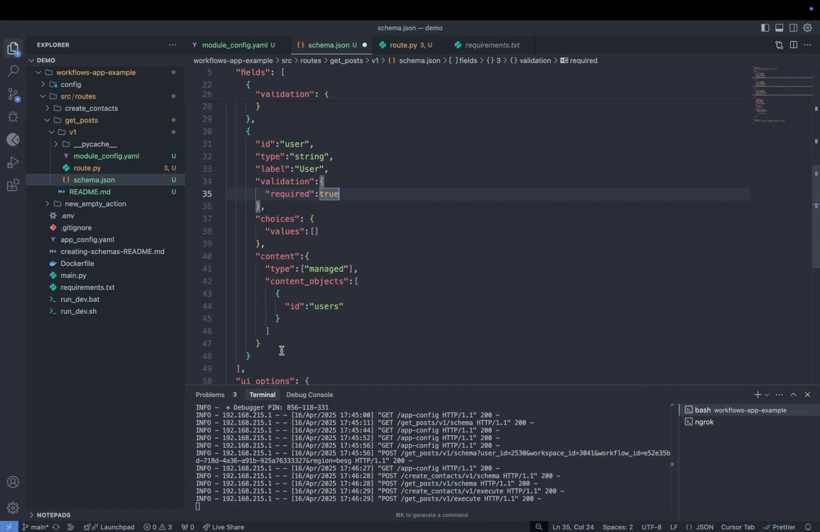 get_posts schema.json showing the "content" block of the "user" field set to "type": ["managed"] for dynamic data loading