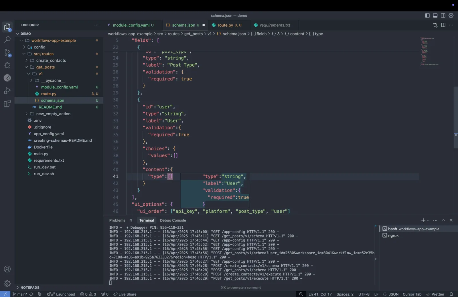 get_posts schema.json adding a required "user" field with an empty "choices" values list and a "content" block being typed