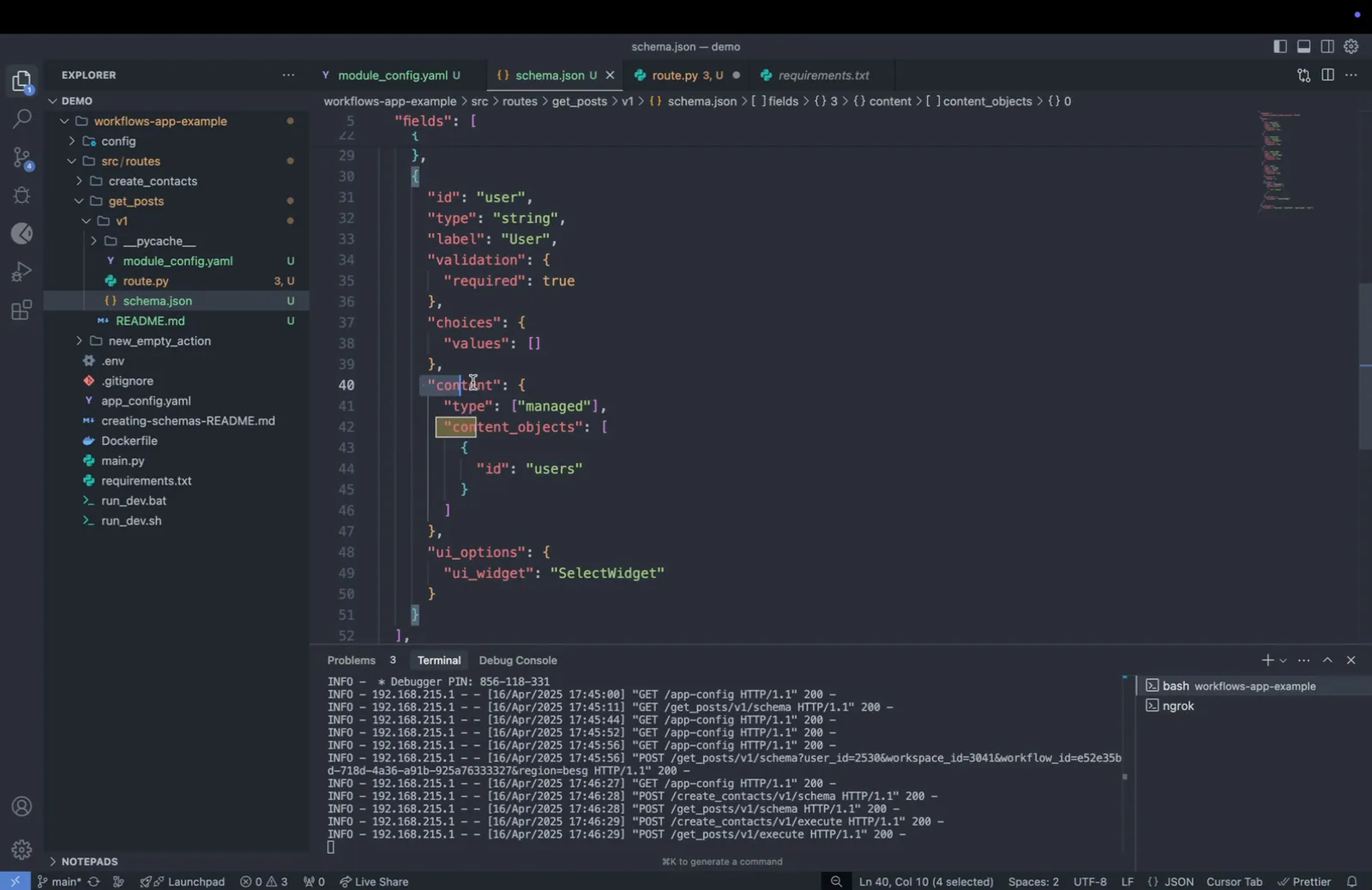 Completed schema.json "user" field with managed content object "users" and ui_options ui_widget set to "SelectWidget"