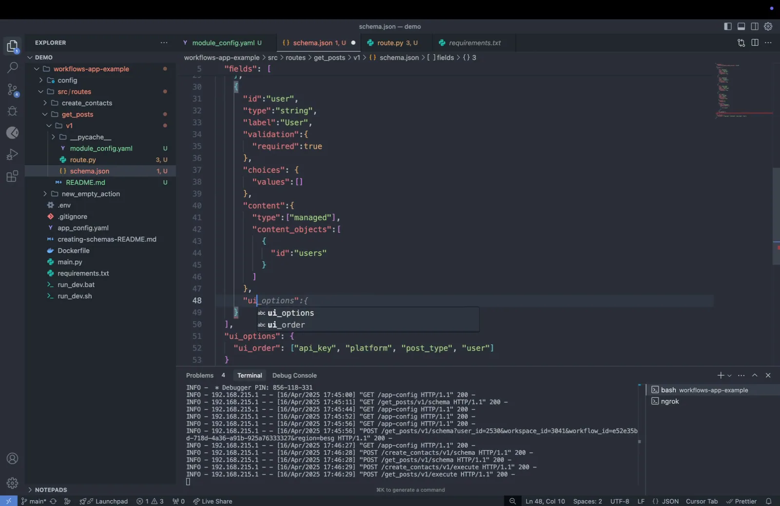 schema.json "user" field with content_objects id "users" and "ui_options" being added, above ui_order listing "user"