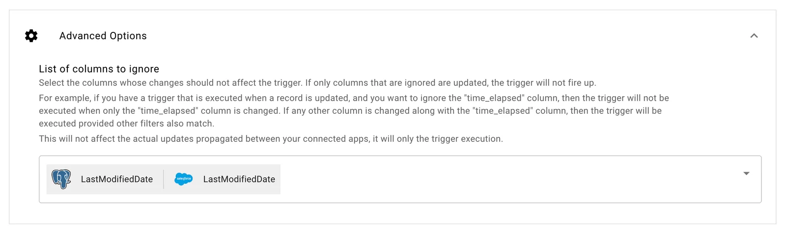 Trigger "Advanced Options" with "List of columns to ignore" set to LastModifiedDate for Postgres and Salesforce