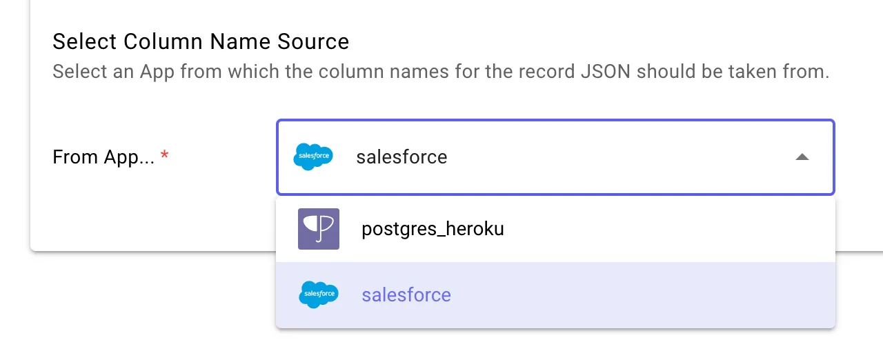 "Select Column Name Source" dropdown in a Stacksync trigger, choosing "salesforce" or "postgres_heroku" for the record JSON column names