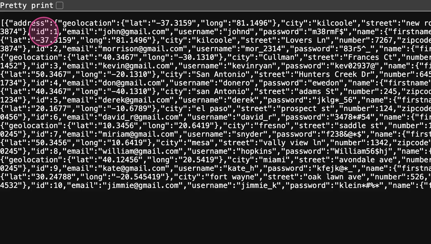 Zoomed users JSON response with the "id" field highlighted, the value used as the format value for the dynamic dropdown.