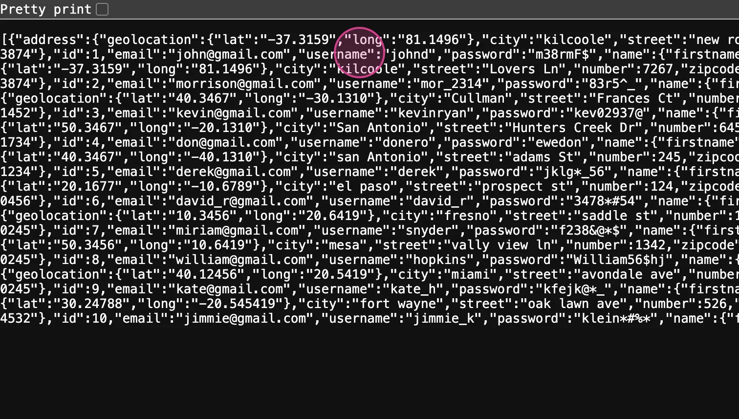 Zoomed users JSON response with the "username" field highlighted, the readable value used as the label for the dynamic dropdown.