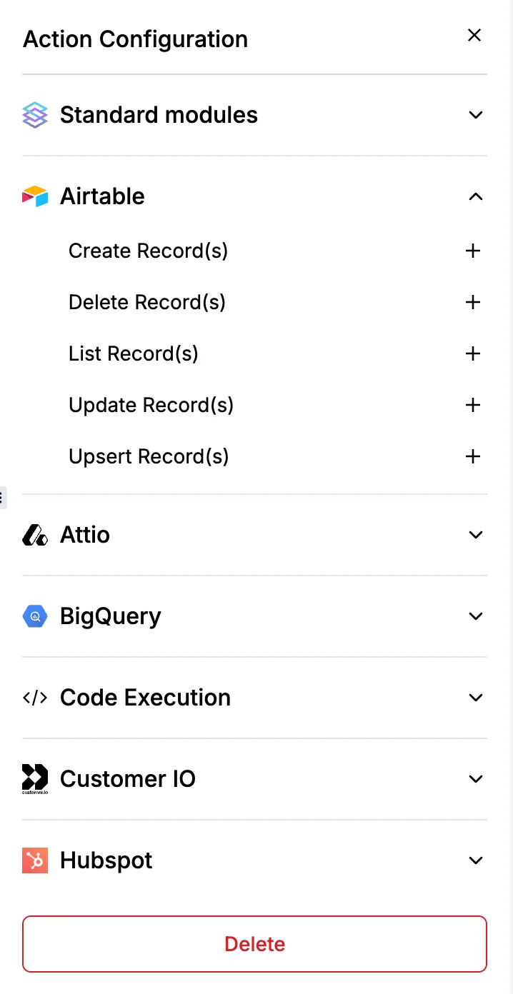 Workflow "Action Configuration" menu listing modules like Airtable (Create, Delete, List, Update, Upsert Record(s)), Attio and HubSpot
