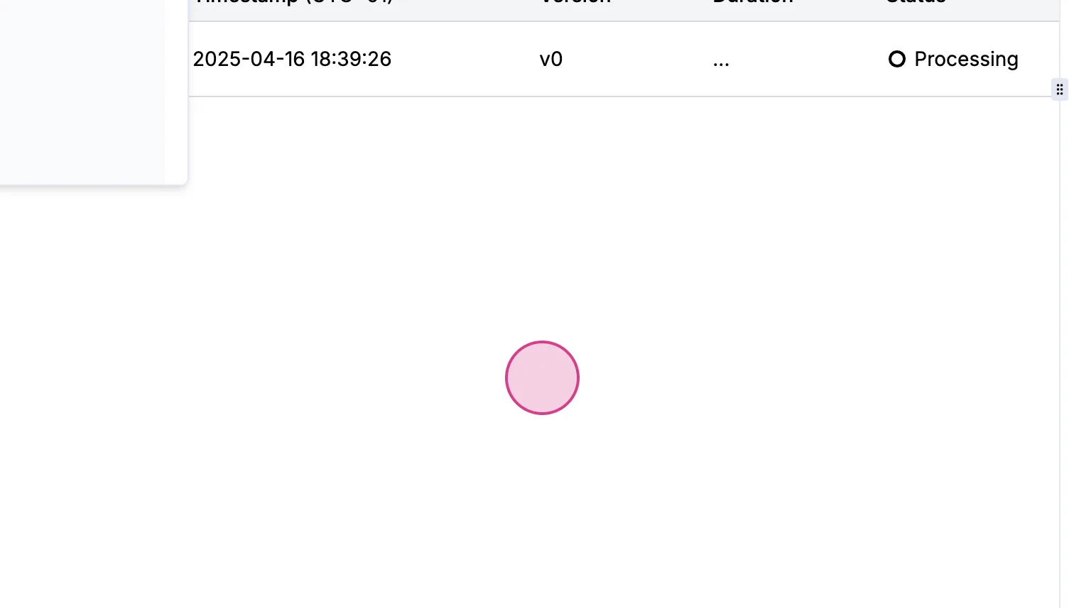 Workflow execution log entry for version v0 at 2025-04-16 18:39:26 with status "Processing"