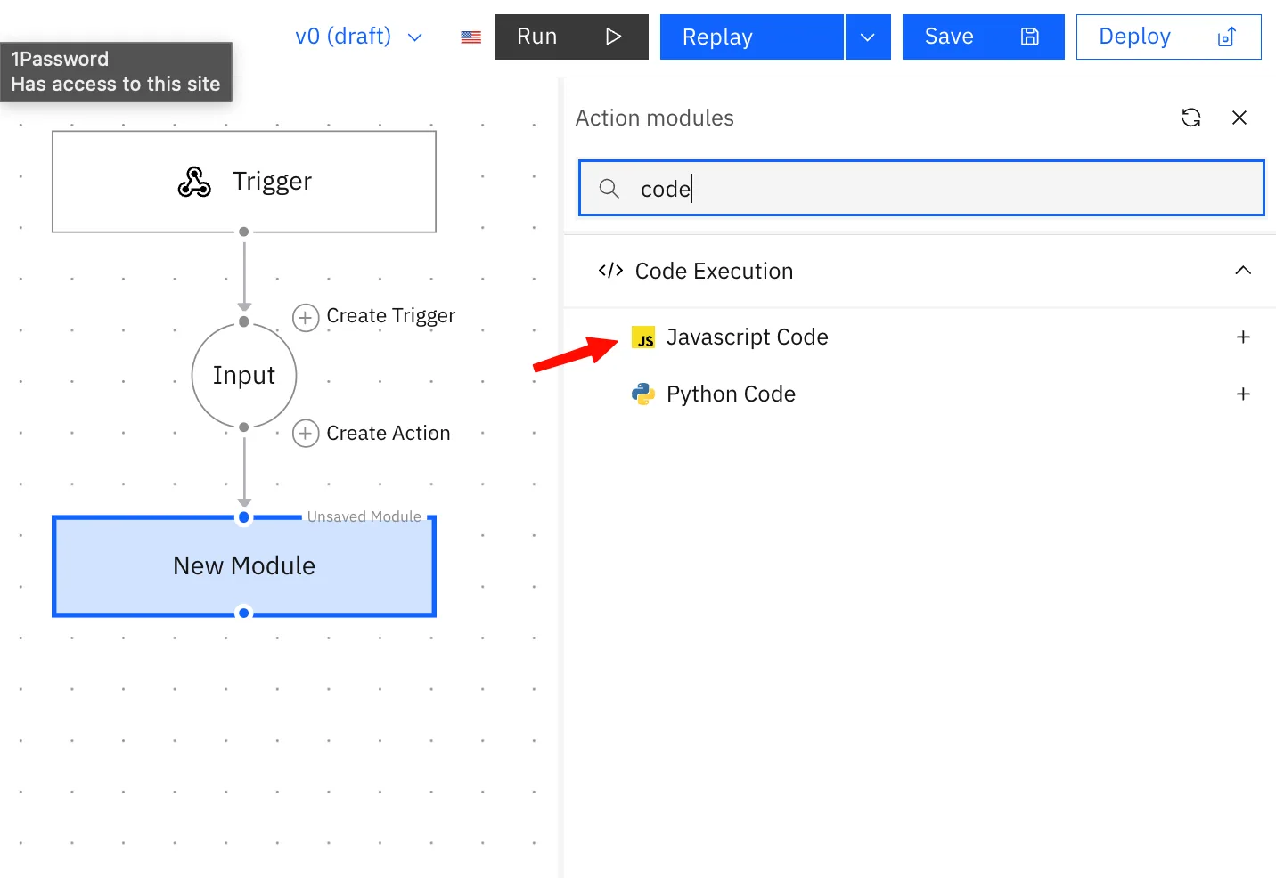 Workflow editor Action modules panel searched for "code", with "Javascript Code" under Code Execution pointed out by an arrow.