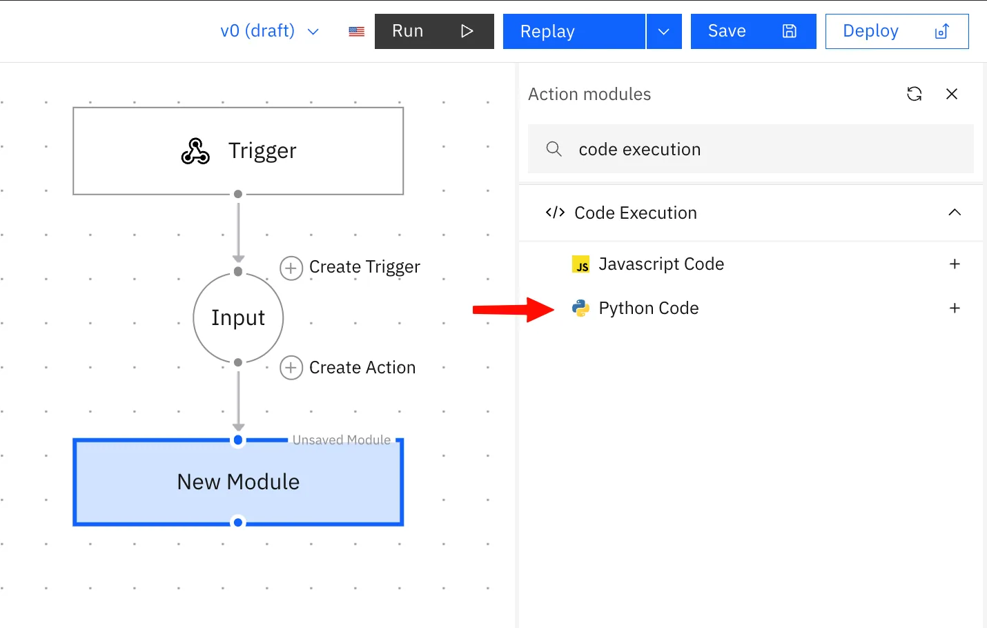 Action modules panel searched for "code execution", with an arrow pointing to "Python Code" under Code Execution.