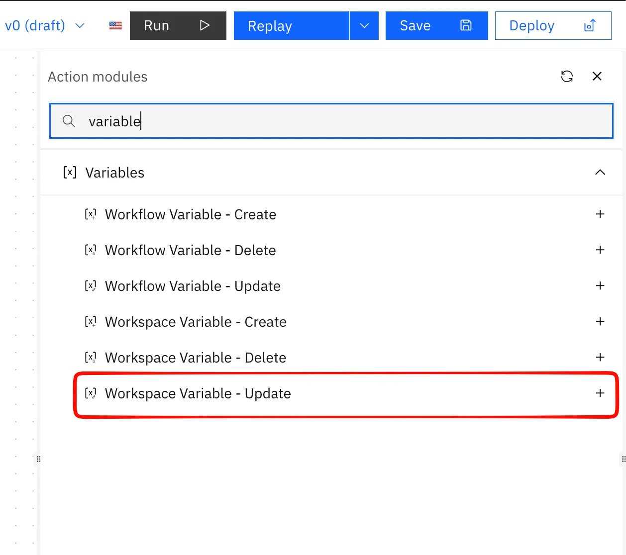Action modules panel searched for "variable", listing workflow and workspace variable actions with "Workspace Variable - Update" highlighted.