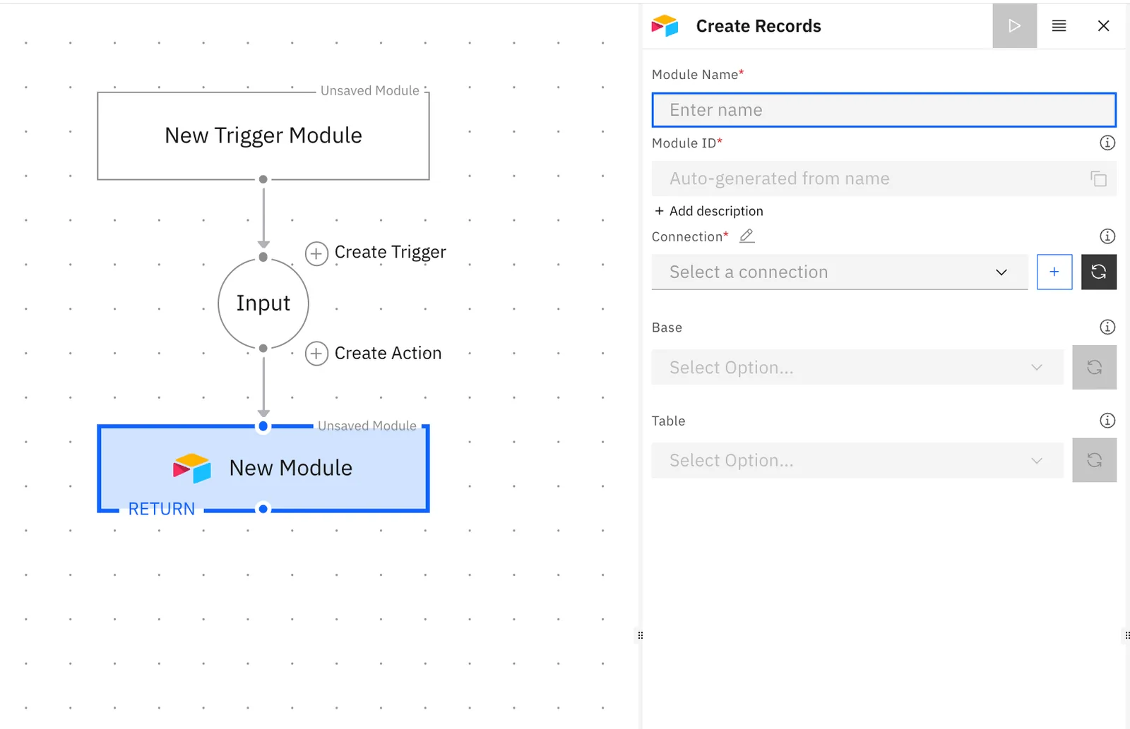Airtable Create Records action panel with Module Name, Connection "Select a connection" and the + button to add a connection, Base and Table.