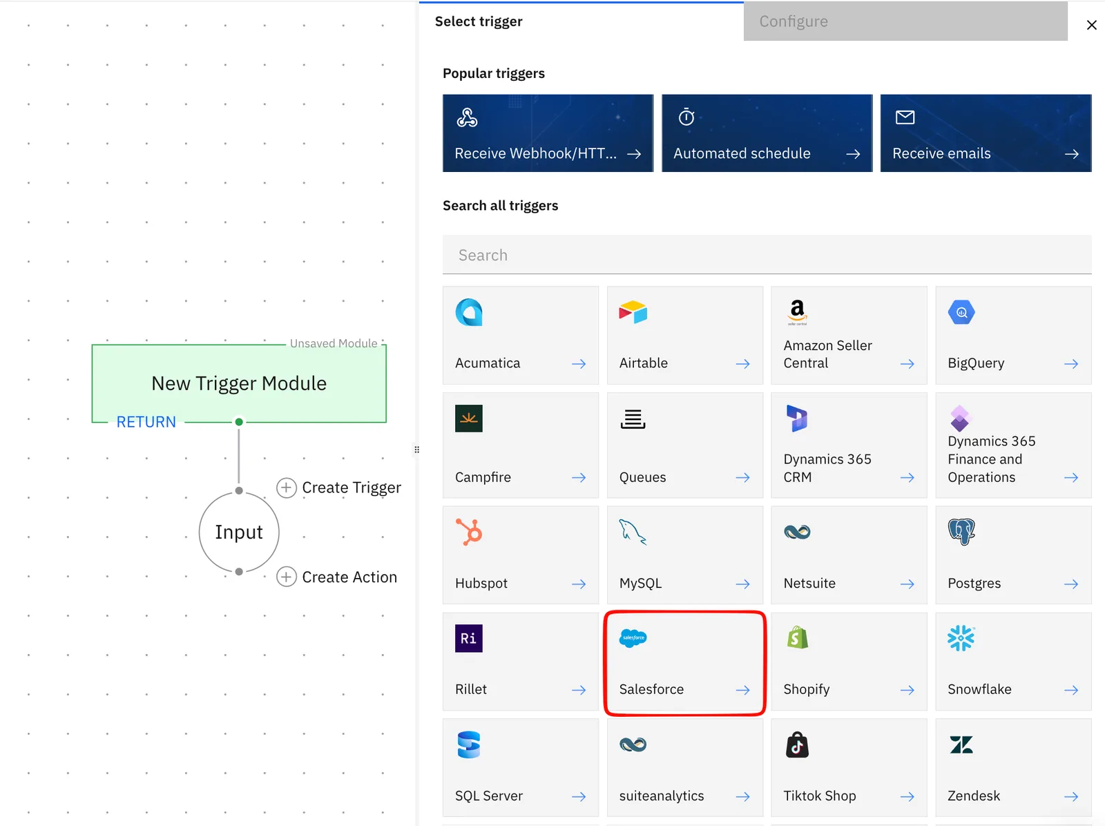 Select trigger panel with the app trigger catalog, including Airtable, HubSpot, NetSuite and Postgres, and the Salesforce tile highlighted.