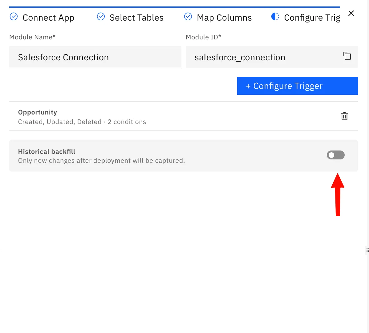 Configured Opportunity trigger (Created, Updated, Deleted, 2 conditions) with an arrow pointing to the Historical backfill toggle.