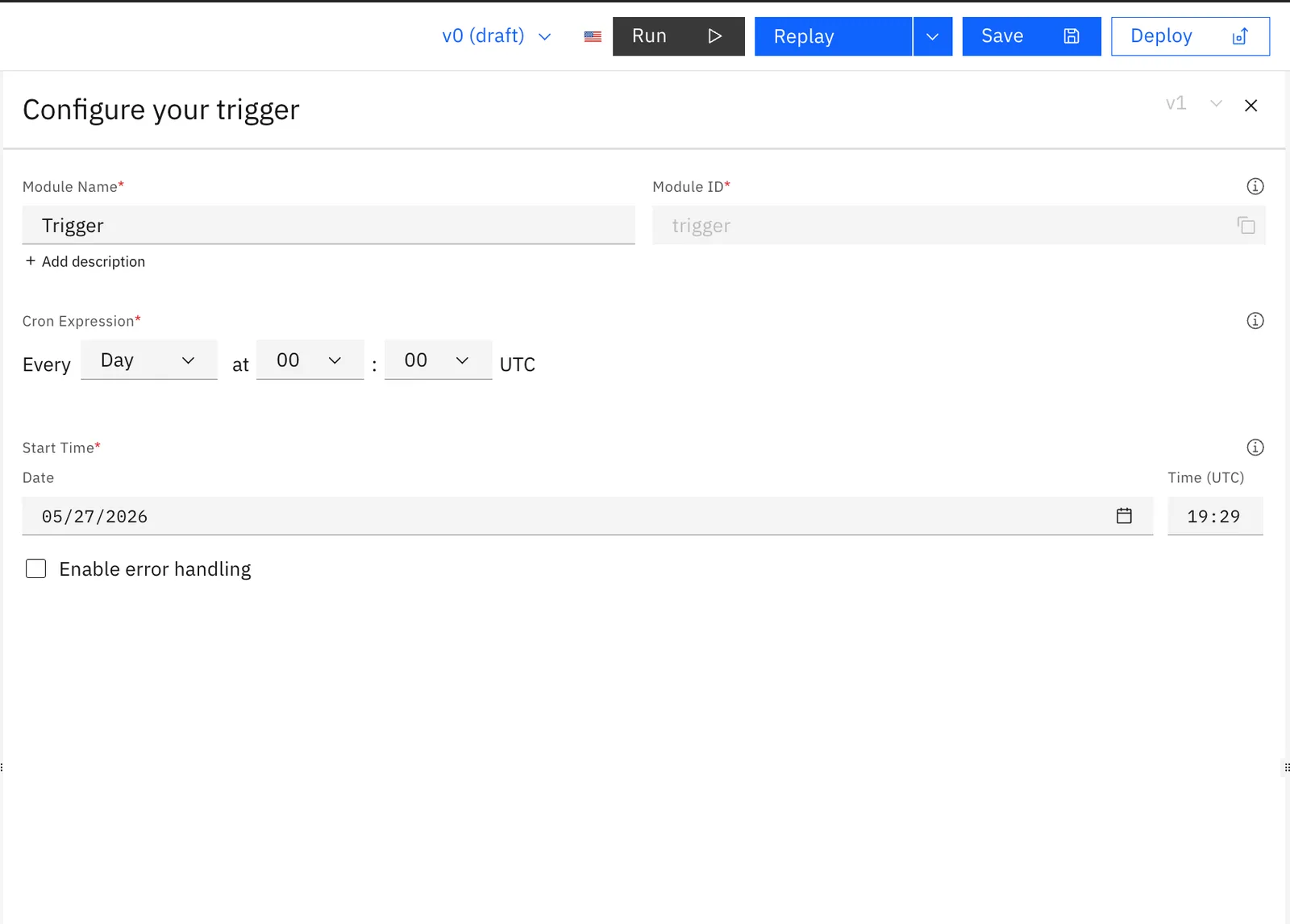"Configure your trigger" panel for an automated schedule: cron set to Every Day at 00:00 UTC, plus Start Time date and time fields.